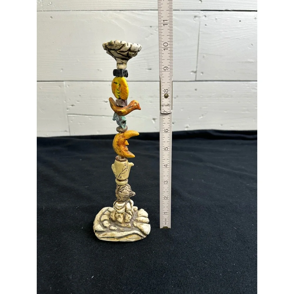 Ceramic Totem Candlestick Holder Sun Moon Bird Fish Folk Art Pottery 10in